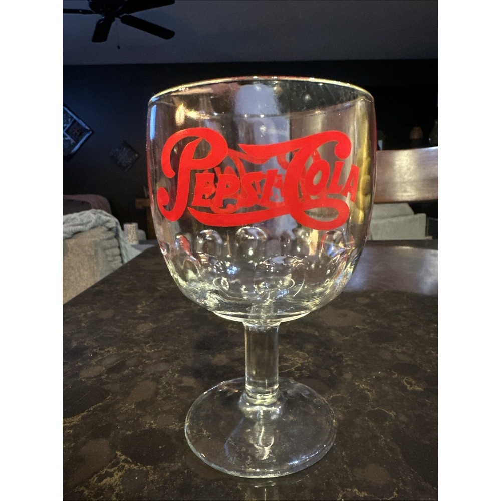 Vintage 1970 Pepsi-Cola Clear Glass Schooner Beverage Drink Footed Soda Pop Red